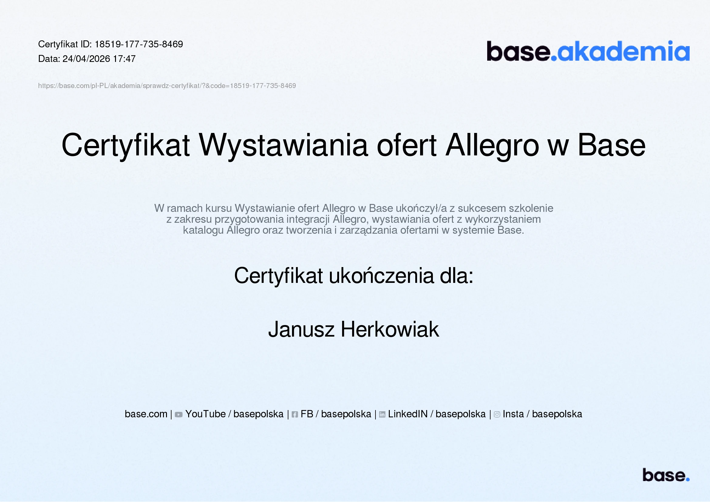 Certyfikat Wystawianie ofert Allegro w Base