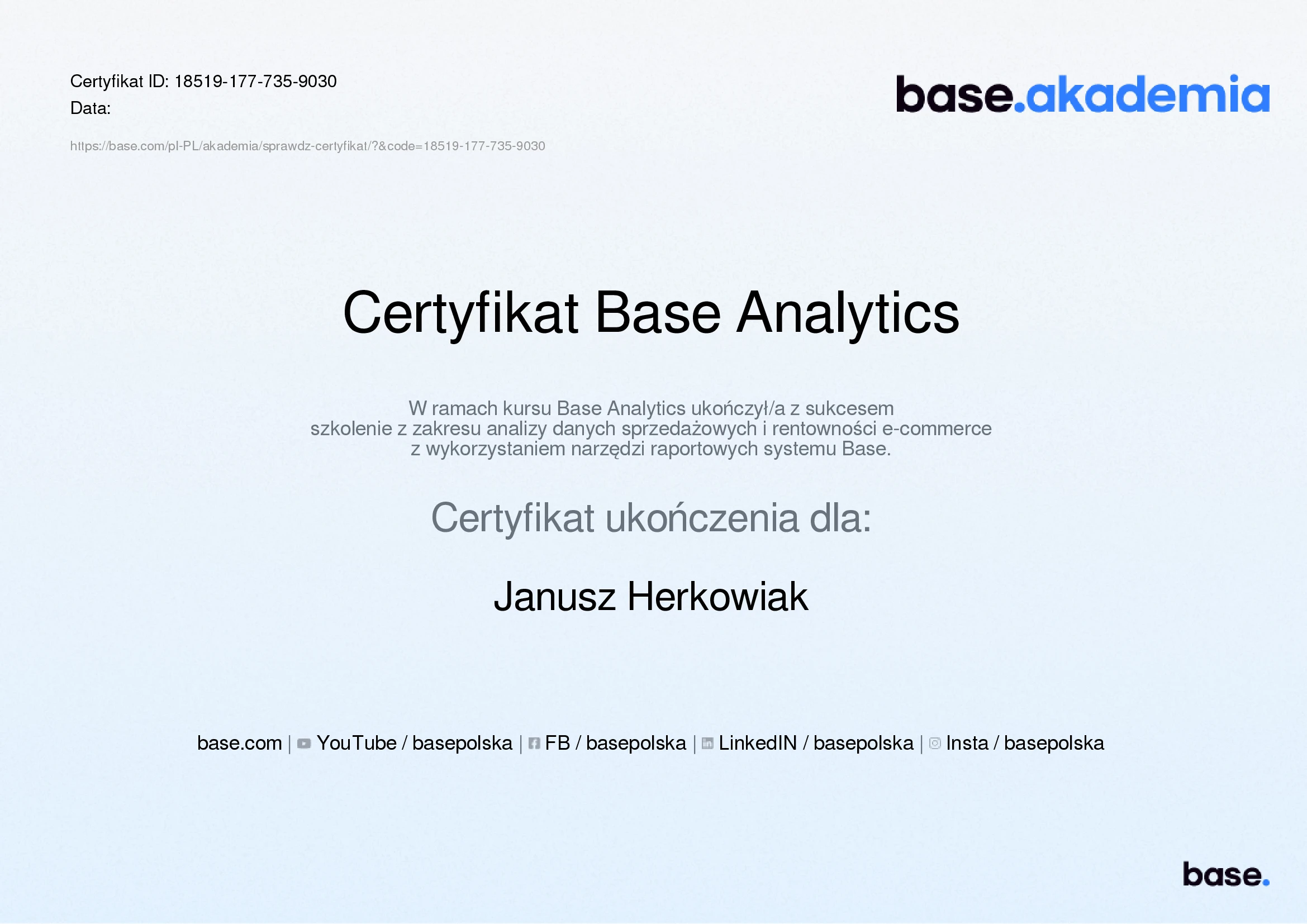 Certyfikat Base Analytics