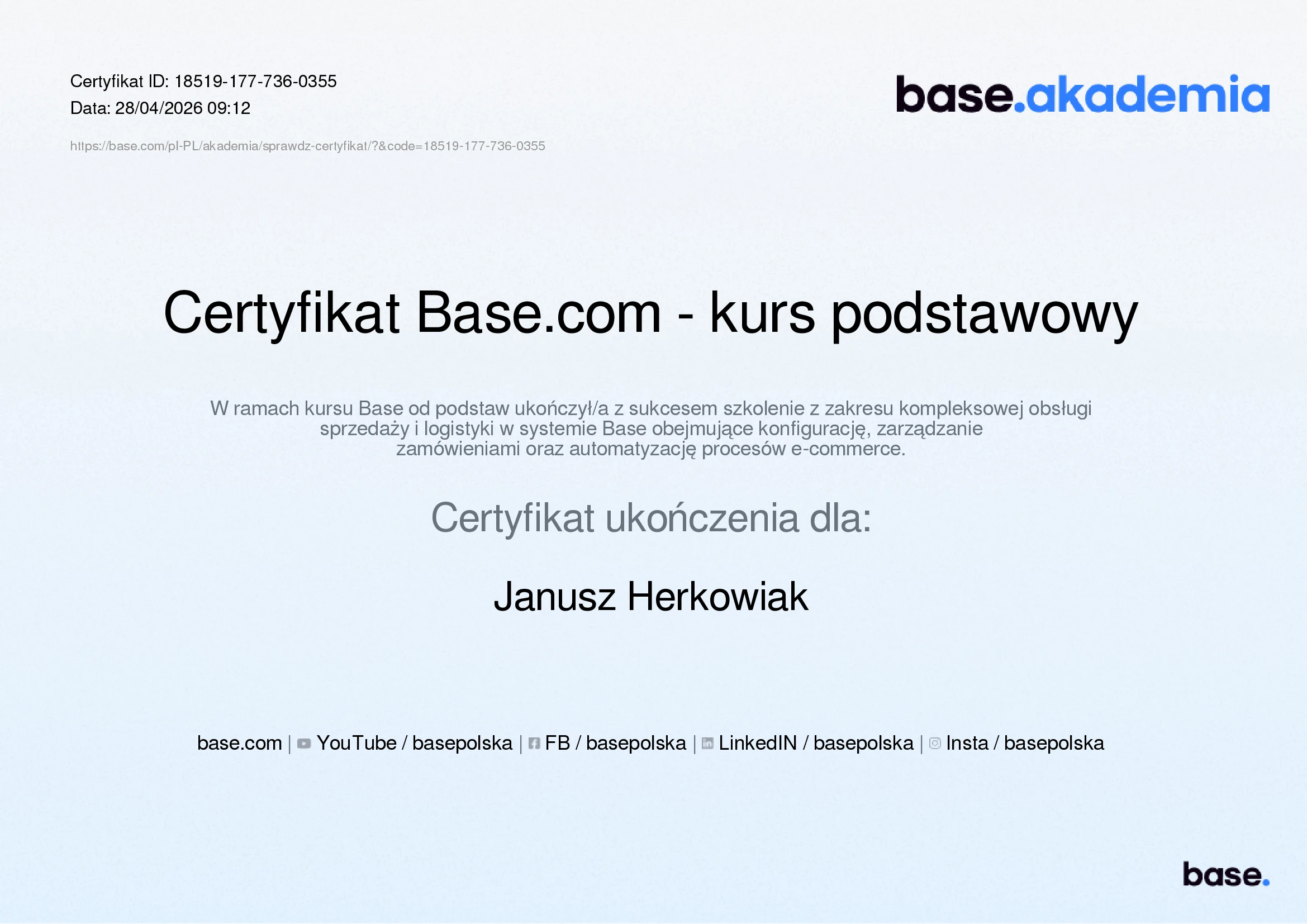 Certyfikat Base.com - kurs podstawowy