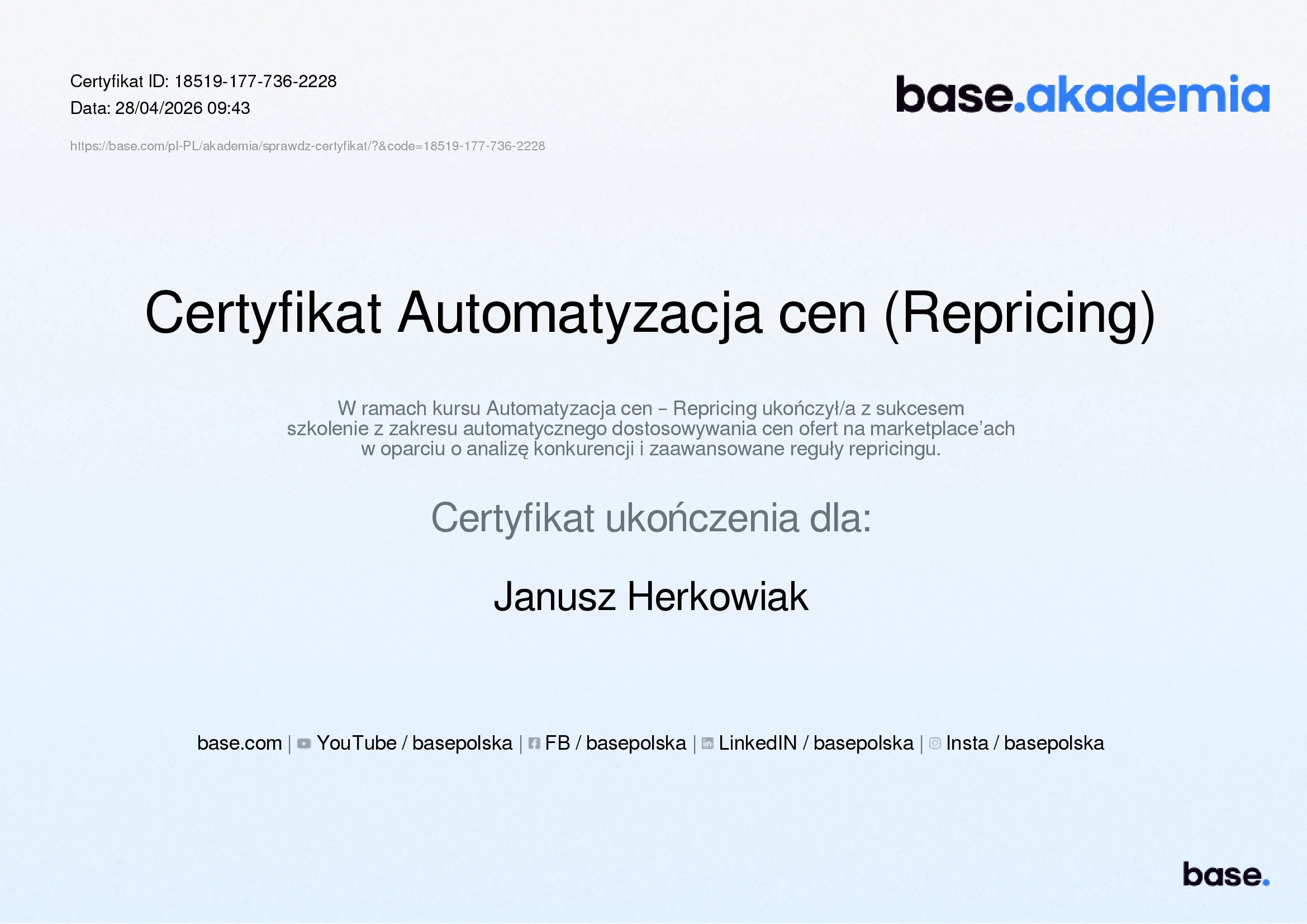 Certyfikat Automatyzacja cen (Repricing)